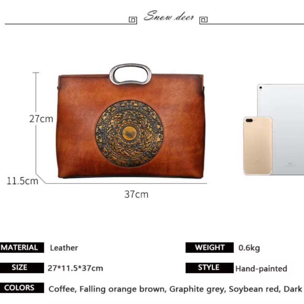 New Brown Leather Handbag with Mandala Design Handle with removable strap - Picture 12 of 12